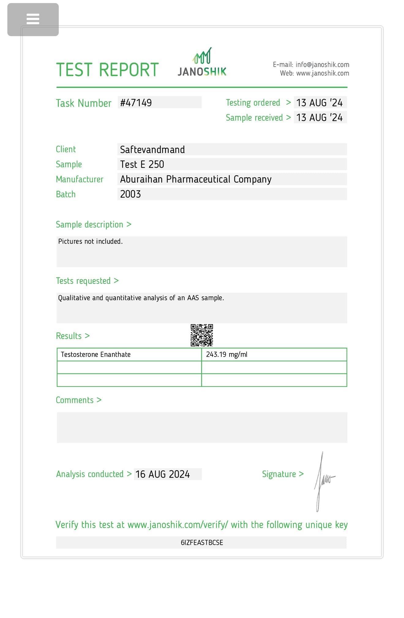 TESTOSTERON ENANTHATE ABURAIHAN (Iransk Test 250mg 10x1ml)